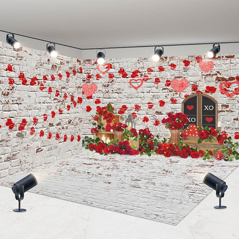 Aperturee - Aperturee Retro Bricks Wall Valentines Day Room Set Backdrop