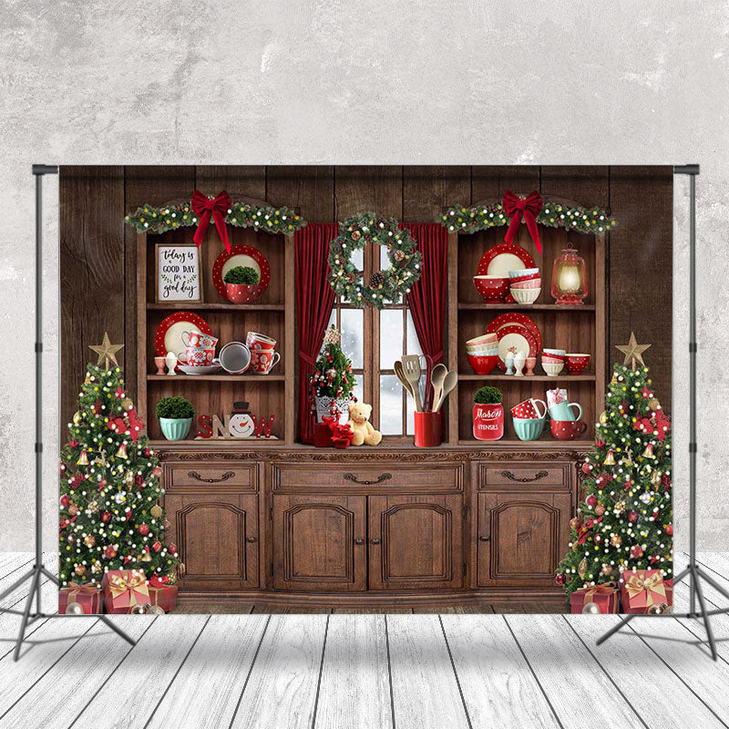 Aperturee - Aperturee Retro Wood Kitchen Trees Cupboard Christmas Backdrop