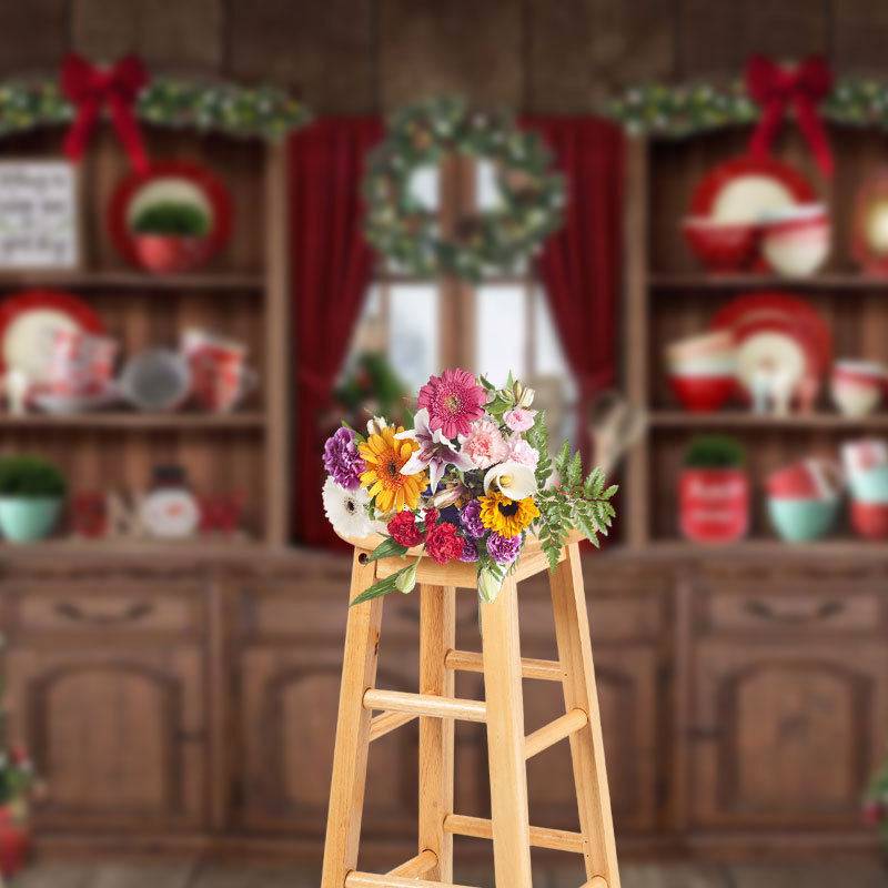 Aperturee - Aperturee Retro Wood Kitchen Trees Cupboard Christmas Backdrop