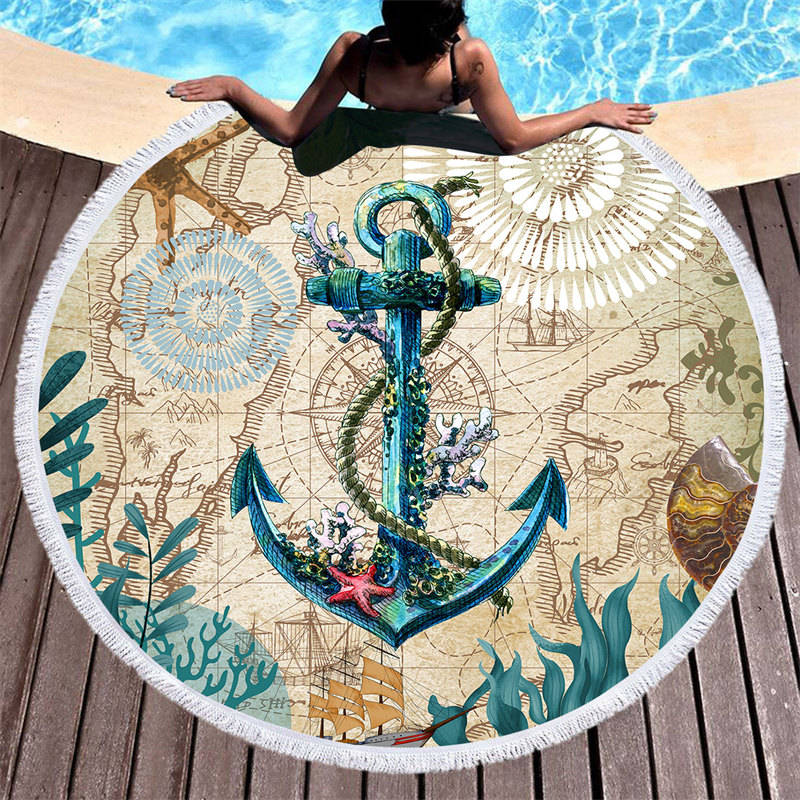Aperturee - Aperturee Relaxing Poolside Anchor Pattern Round Beach Towel
