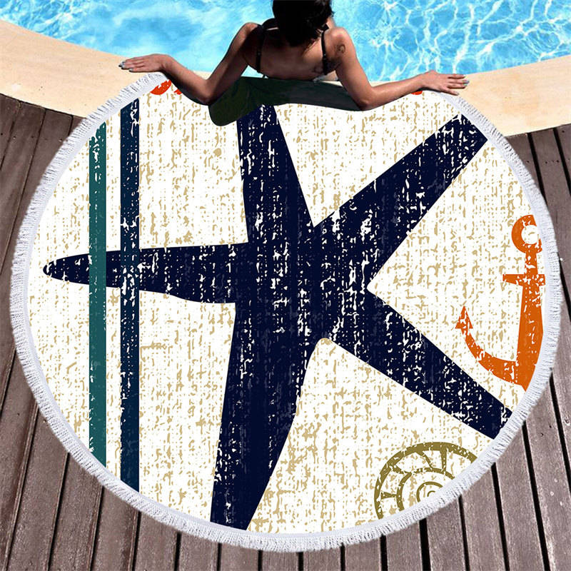 Aperturee - Aperturee Navy Blue Starfish With Anchor Round Beach Towel