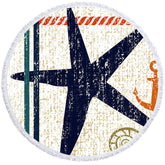 Aperturee - Aperturee Navy Blue Starfish With Anchor Round Beach Towel