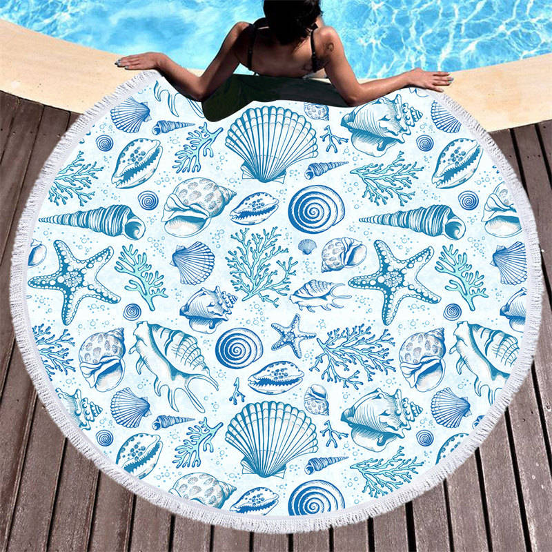 Aperturee - Aperturee Summer Vibe Blue White Porcelain Round Beach Towel