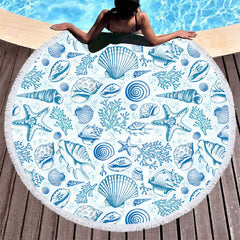 Aperturee - Aperturee Summer Vibe Blue White Porcelain Round Beach Towel