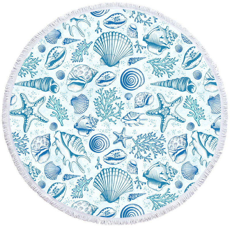 Aperturee - Aperturee Summer Vibe Blue White Porcelain Round Beach Towel