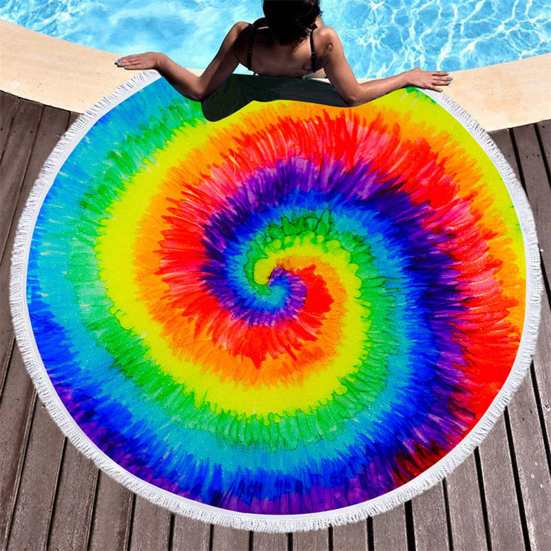 Aperturee - Aperturee Vibrant Summer Vibe Rainbow Spiral Round Beach Towel