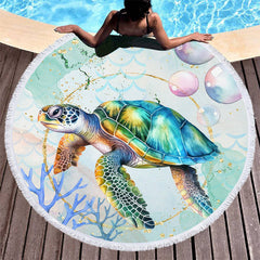 Aperturee - Aperturee Turtle Coral Summer Holiday Vibe Round Beach Towel