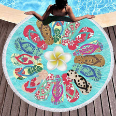 Aperturee - Aperturee Slipper And Waves Floral Summer Round Beach Towel