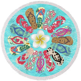 Aperturee - Aperturee Slipper And Waves Floral Summer Round Beach Towel
