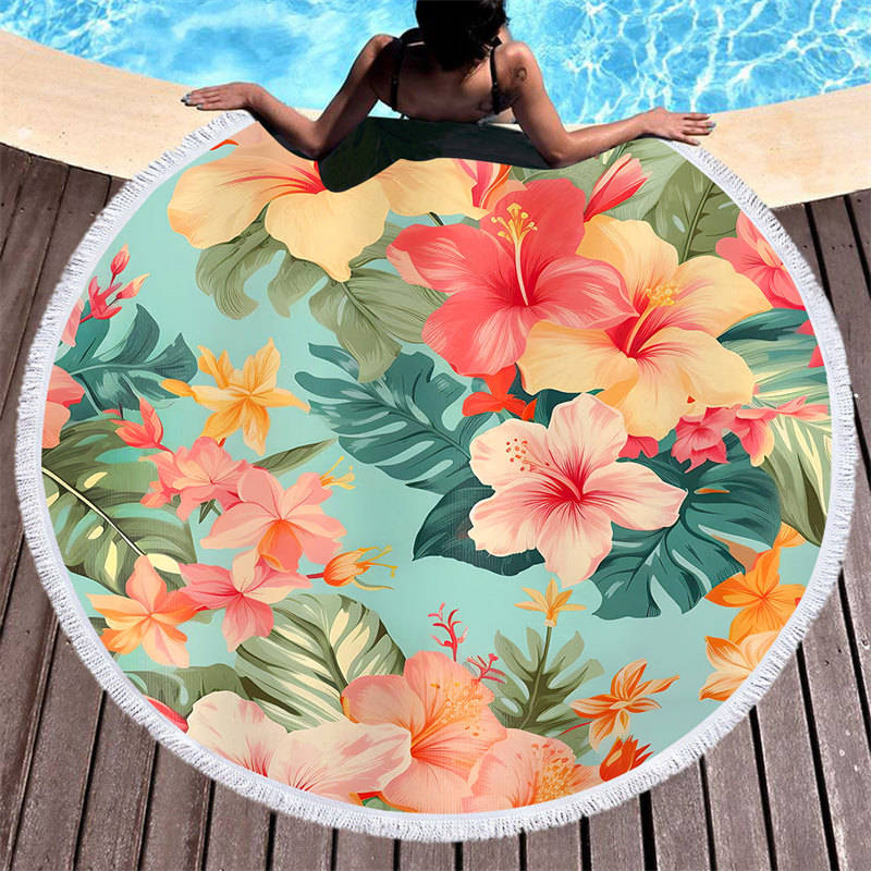 Aperturee - Aperturee Floral Hawaii Summer Holiday Vibe Round Beach Towel