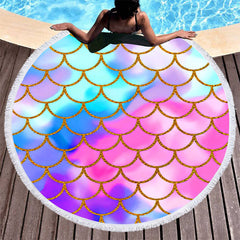 Aperturee - Aperturee Glitter Colorful Mermaid Style Round Beach Towel