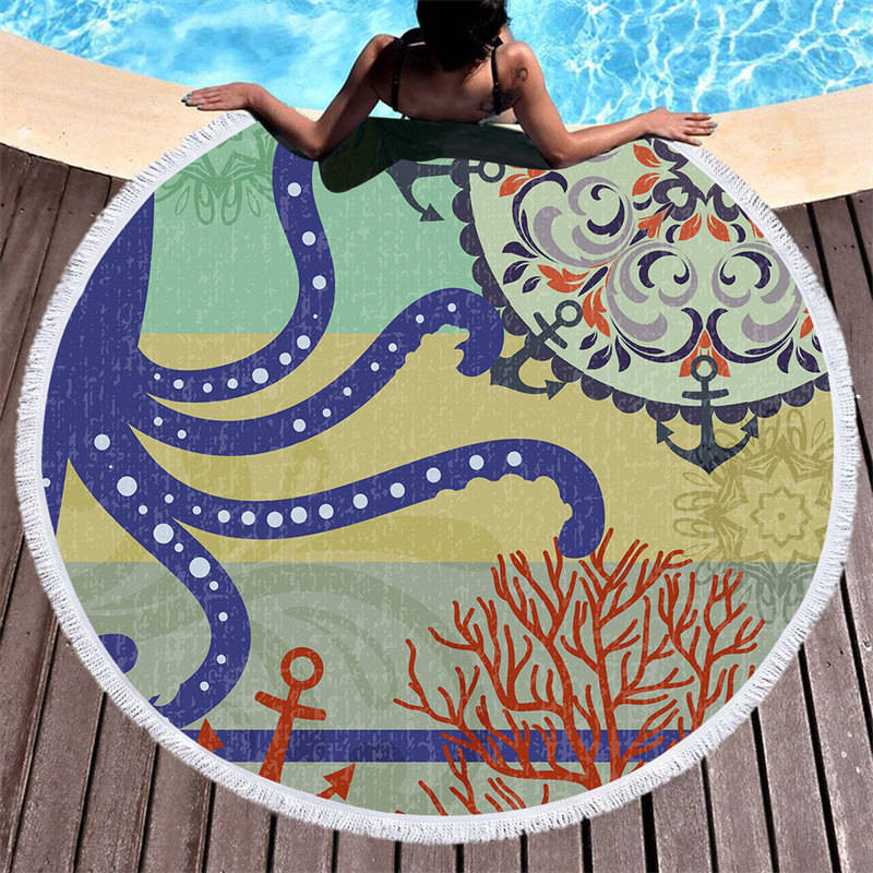 Aperturee - Aperturee Octopus Anchor Ocean Summer Vibe Round Beach Towel