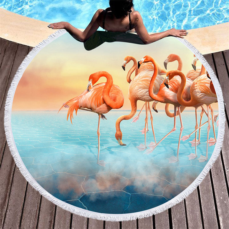 Aperturee - Aperturee Flamingo Sunset Heaven Sweet Scene Round Beach Towel