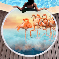 Aperturee - Aperturee Flamingo Sunset Heaven Sweet Scene Round Beach Towel
