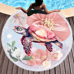 Aperturee - Aperturee Pink Flower Returnee Minimalist Round Beach Towel