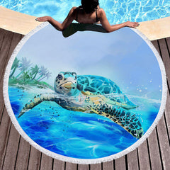Aperturee - Aperturee Blue Ocean Sea Turtle Summer Vibe Round Beach Towel
