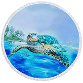 Aperturee - Aperturee Blue Ocean Sea Turtle Summer Vibe Round Beach Towel