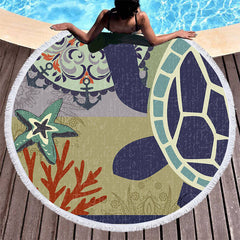 Aperturee - Aperturee Sea Turtle Starfish Coral Reefs Round Beach Towel