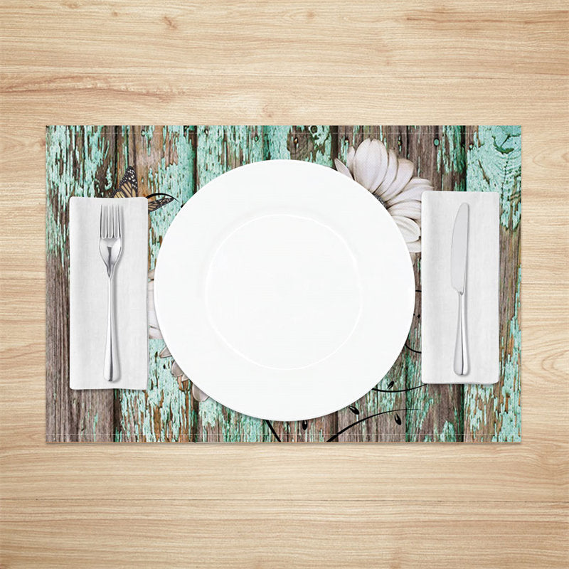 Aperturee - Faded Cyan Wooden Flowers Retro Set Of 4 Placemats