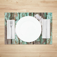Aperturee - Faded Cyan Wooden Flowers Retro Set Of 4 Placemats