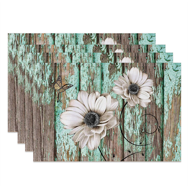 Aperturee - Faded Cyan Wooden Flowers Retro Set Of 4 Placemats