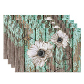 Aperturee - Faded Cyan Wooden Flowers Retro Set Of 4 Placemats