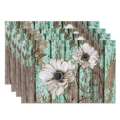 Aperturee - Faded Cyan Wooden Flowers Retro Set Of 4 Placemats