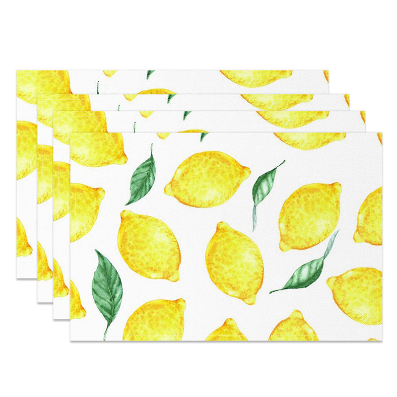 Aperturee - White Yellow Leaves Lemons Fruit Set Of 4 Placemats