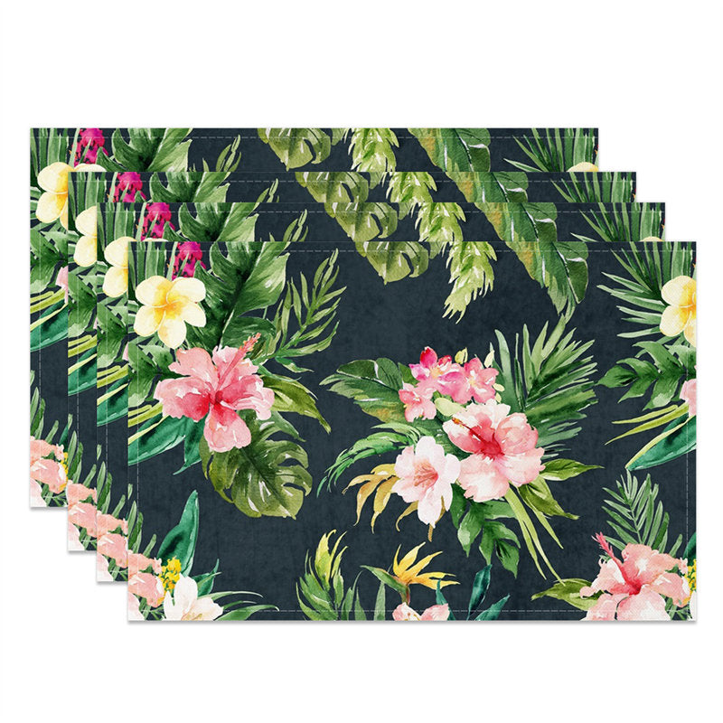 Aperturee - Black Green Monstera Pink Floral Set Of 4 Placemats