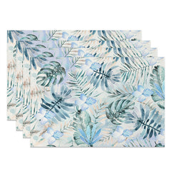 Aperturee - Blue Flowers Leaves Modern Dining Set Of 4 Placemats