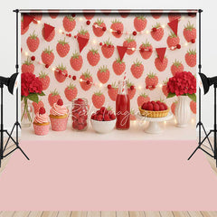 Aperturee Sweet Raspberry Combo Set Backdrop with String Lights and Bunting, Perfect for Birthday Party Decor