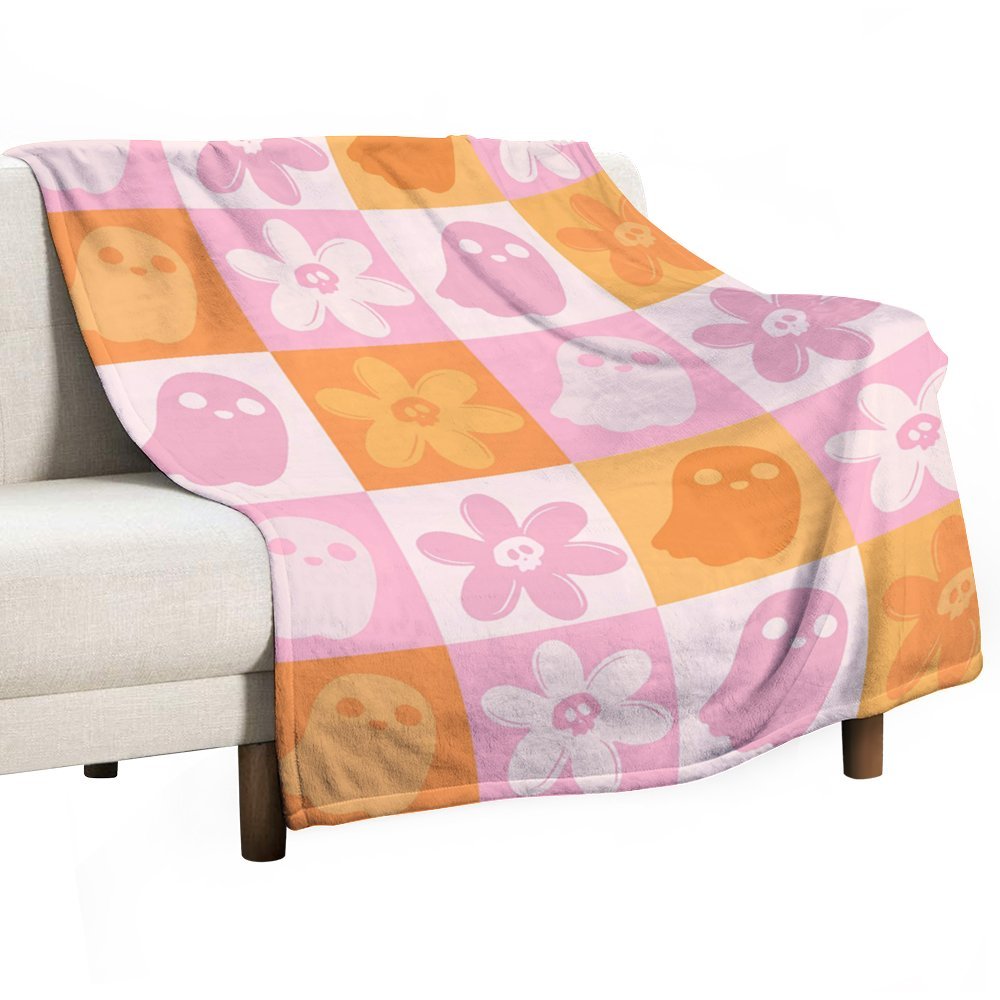 Aperturee - Orange Pink Plaid Floral Halloween Custom Blanket