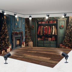 Aperturee - Aperturee Retro Green Wardrobe Christmas Room Set Backdrop