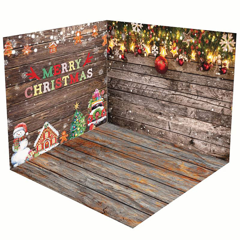 Aperturee - Aperturee Retro Wooden Snowy Christmas Vibe Room Set Backdrop