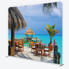 Aperturee Tropical Overwater Restaurant Square Double-Sided Backdrop, featuring Turquoise Ocean and Thatched Roof Hut Decor