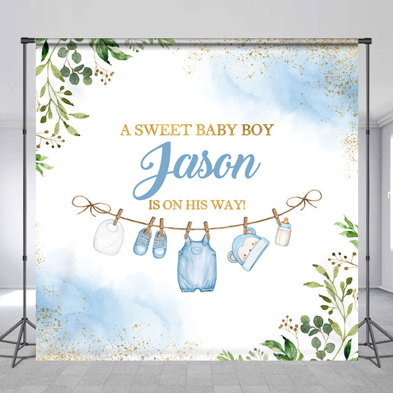Aperturee - Sweet Boy Leaves Custom Name Baby Shower Backdrop