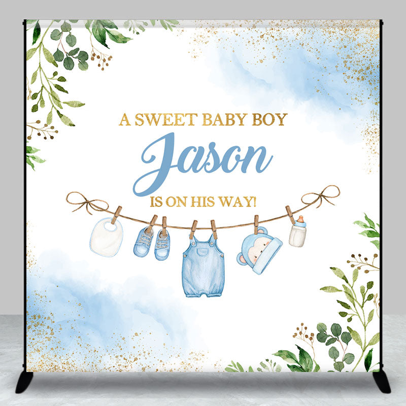 Aperturee - Sweet Boy Leaves Custom Name Baby Shower Backdrop