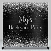 Aperturee Custom Black and Silver Glitter Backyard Party Backdrop, Personalized Diamond Confetti Celebration Decor