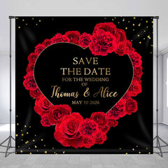 Aperturee - Aperturee Black Red Rose Heart Custom Name Wedding Backdrop