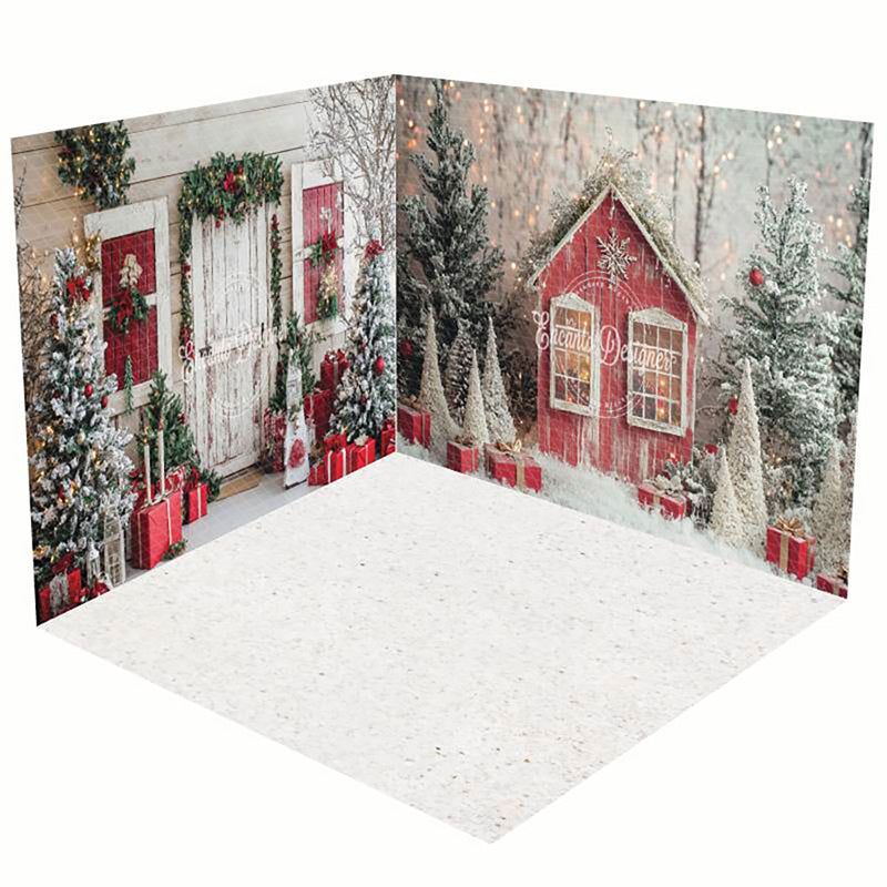Aperturee - Aperturee Snowy Forest Field Cabin Christmas Room Set Backdrop