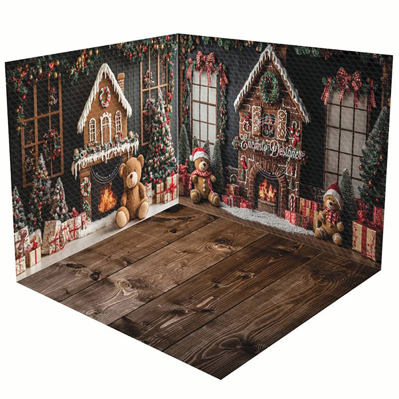 Aperturee - Aperturee Green Christmas Wall Fireplace Bear Room Set Backdrop