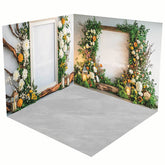 Aperturee - Aperturee White Wall Greenery Floral Frame Room Set Backdrop