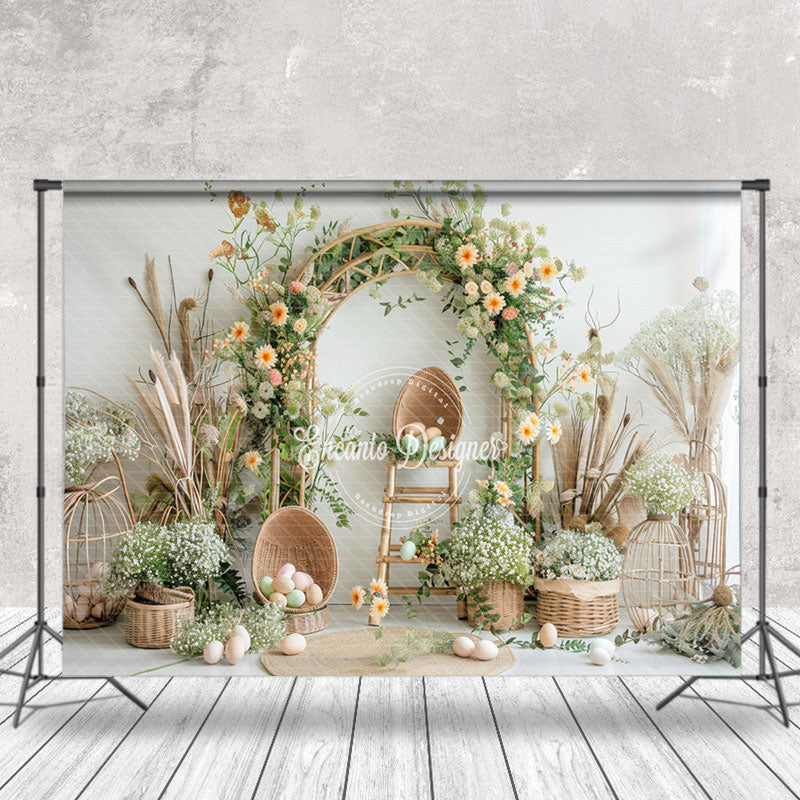Aperturee - Boho Dried Flowers Basket Eggs Easter Photo Backdrop