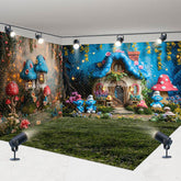 Aperturee - Aperturee Blue Elf Magical Mushroom House Room Set Backdrop