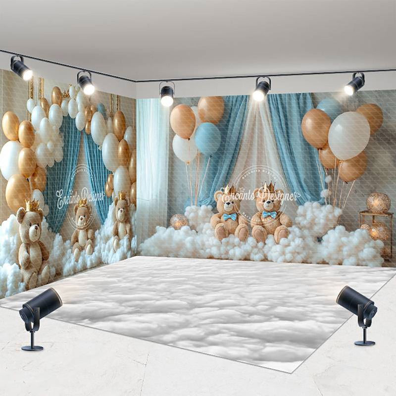 Aperturee - Aperturee Gold White Balloon Bear Cake Smash Room Set Backdrop