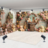 Aperturee - Aperturee Fairy House Floral Bear Cake Smash Room Set Backdrop