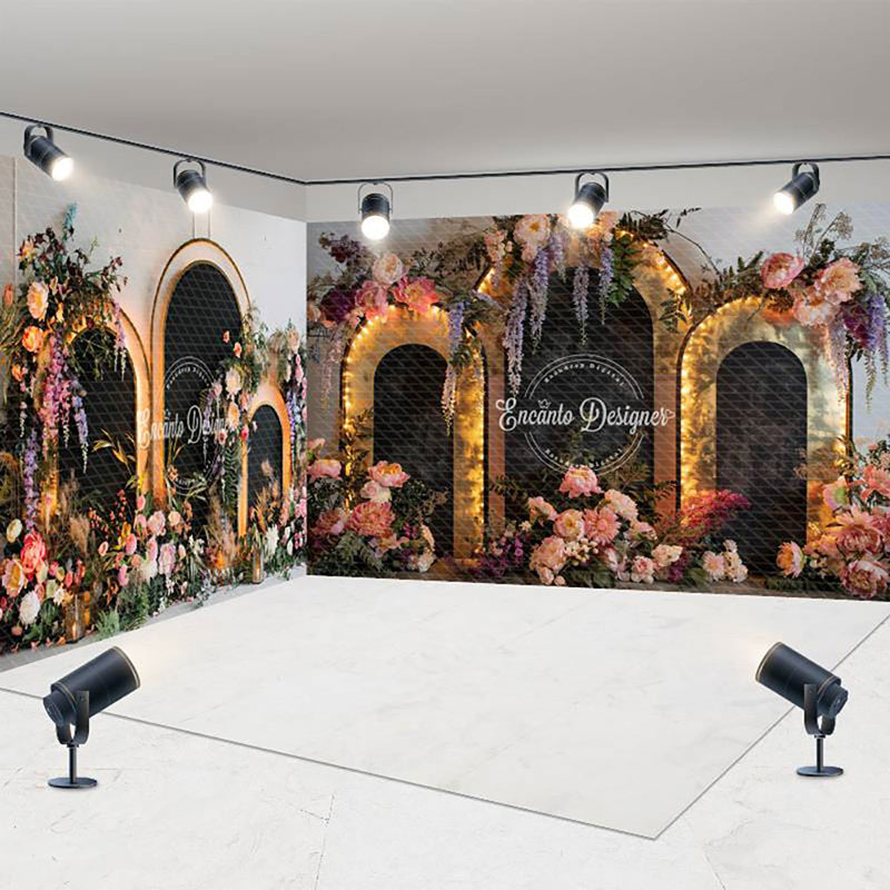 Aperturee - Aperturee Lighted Black Arch Floral Wedding Room Set Backdrop