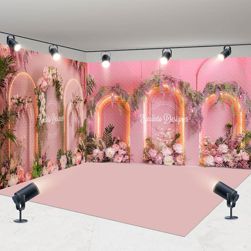 Aperturee - Aperturee Pink Romantic Arch Floral Wedding Room Set Backdrop