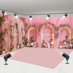Aperturee - Aperturee Pink Romantic Arch Floral Wedding Room Set Backdrop