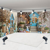 Aperturee - Aperturee Blue House Bunny Egg Floral Easter Room Set Backdrop
